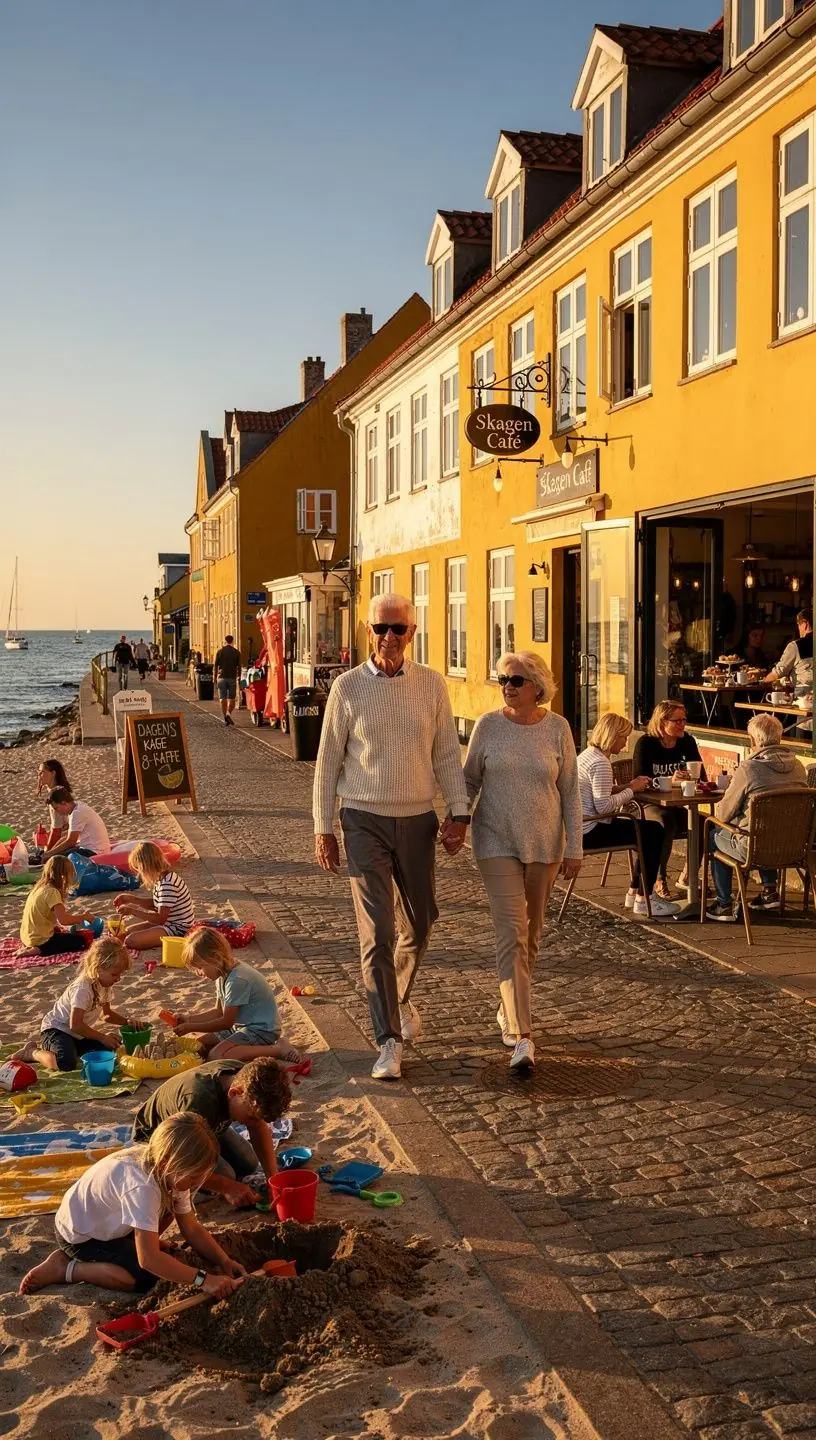 Charmerende kystby med farverige huse og små caféer langs den hyggelige havnefront.
