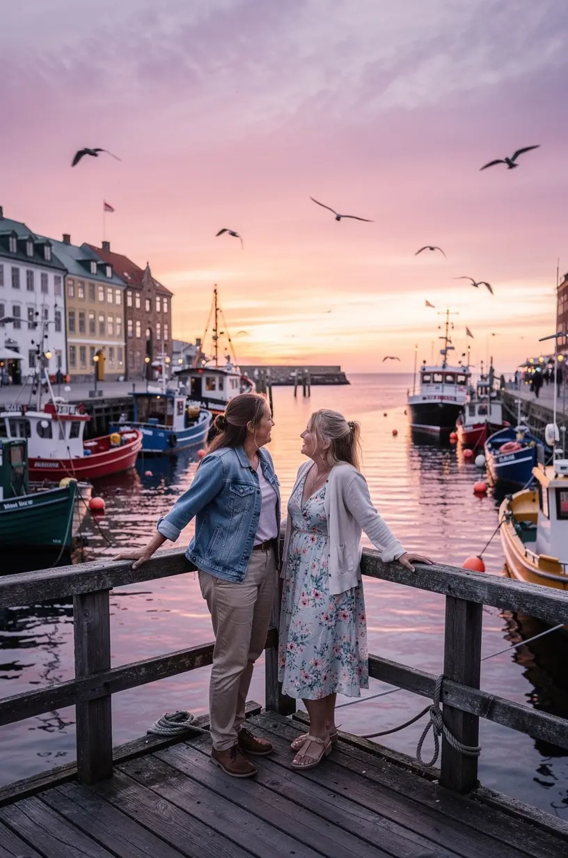 Solnedgang over en fredelig bugt med både, der ligger fortøjet ved træmolen.